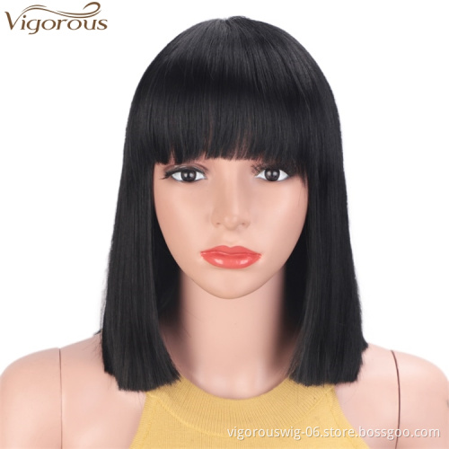 Vigorous Cosplay Blonde Synthetic Bob Wigs With Flat Neat Bangs Short Straight Wigs for Women Heat Resistant Cosplay Daily Use